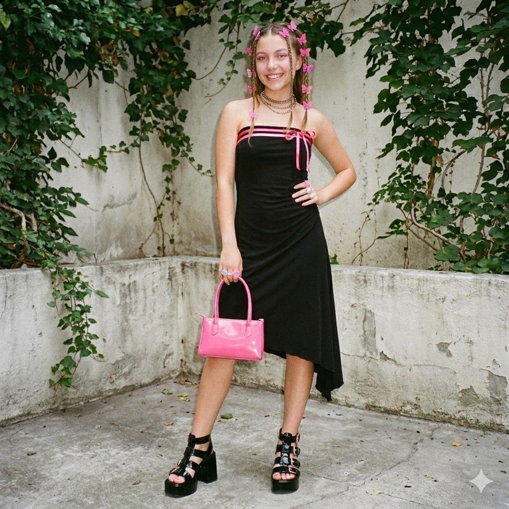 VTG Byer Too! Black Strapless Asymmetrical Dress Sz M Pink Ribbon Fairy Y2K NWT